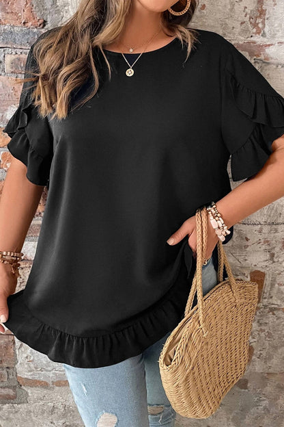 Solid Color Ruffle Trim Petal Sleeve Plus Size Tee