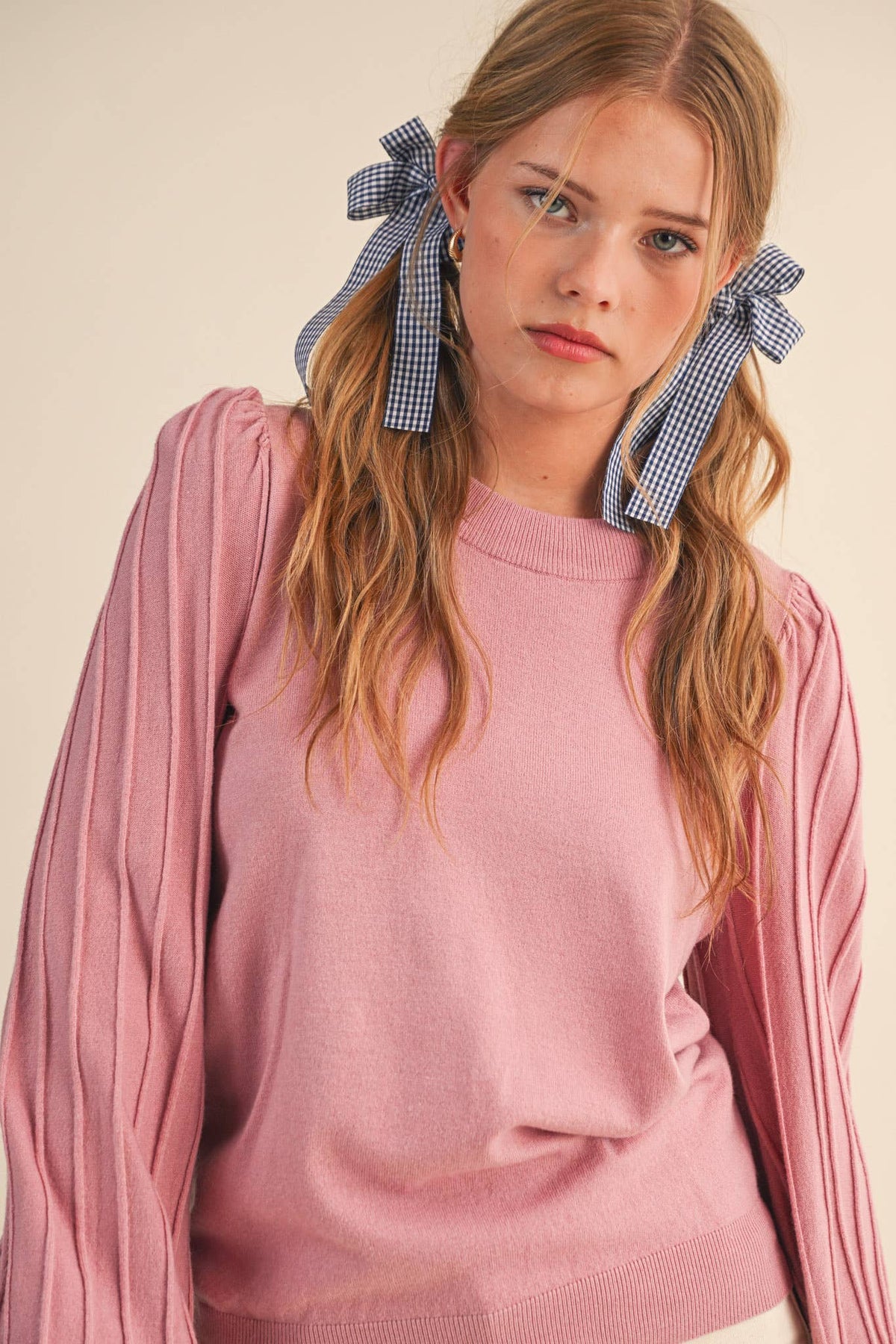 Striped Texture Puff Sleeve Sweater