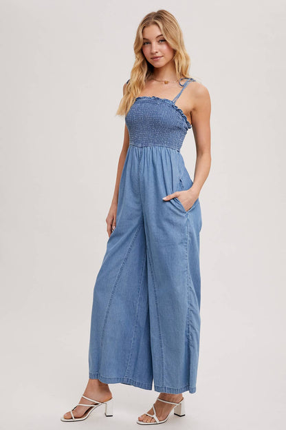 Denim Smocked Jumpsuit