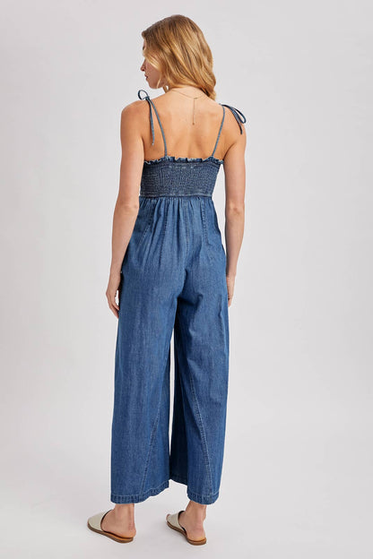 Denim Smocked Jumpsuit