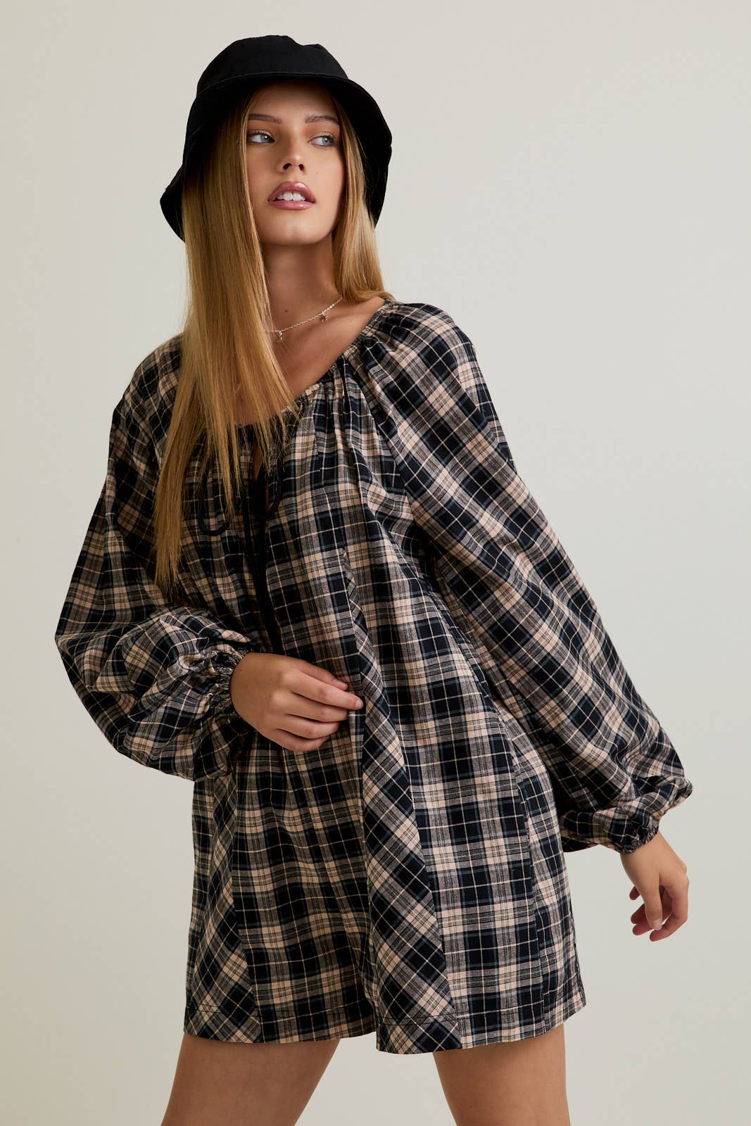 Round Neck Plaid Flannel Romper