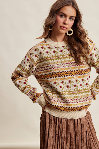 Fair Isle Floral Knit Sweater