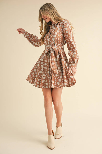 Floral Embroidery Button Down Flared Mini Dress
