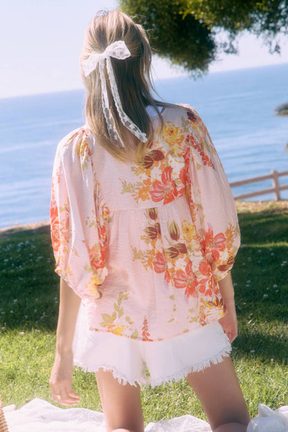 Floral Printed Batwing Sleeve Front Tie Top