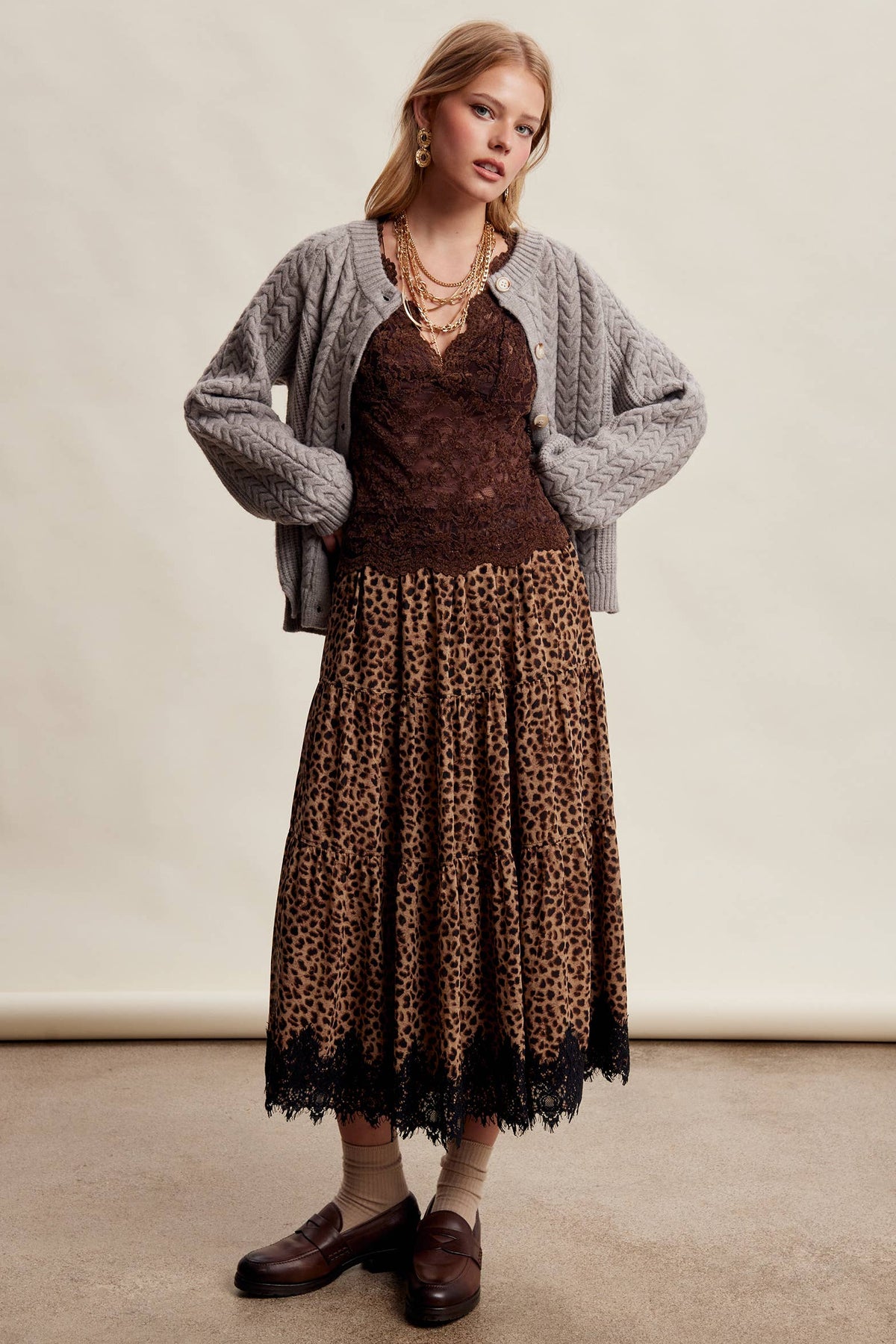Leopard Lace Trim Tiered Maxi Skirt