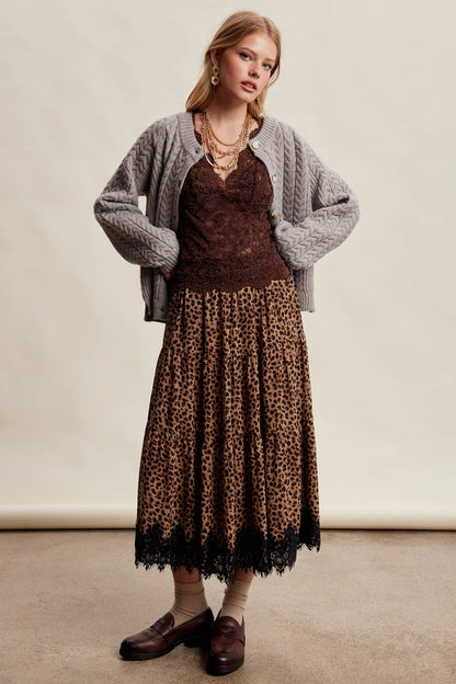 Leopard Lace Trim Tiered Maxi Skirt