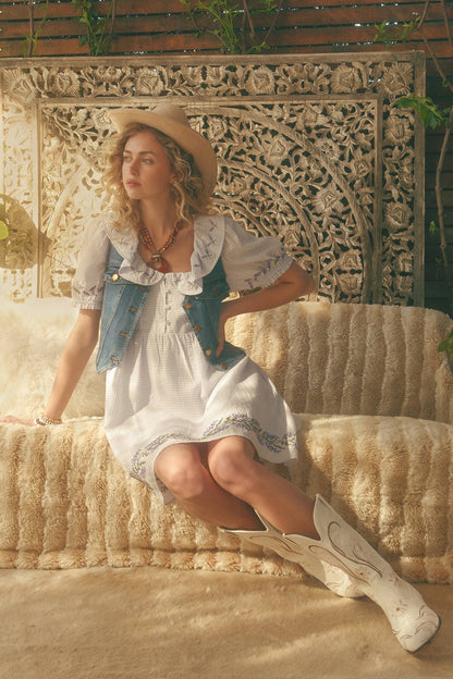 Embroidered Ruffle Collar Textured Gingham Dress