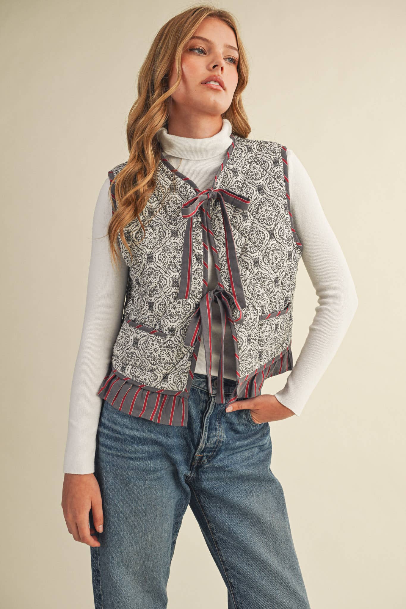 Quilted Block Print Ruffle Vest