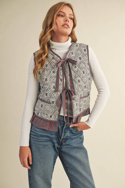 Quilted Block Print Ruffle Vest