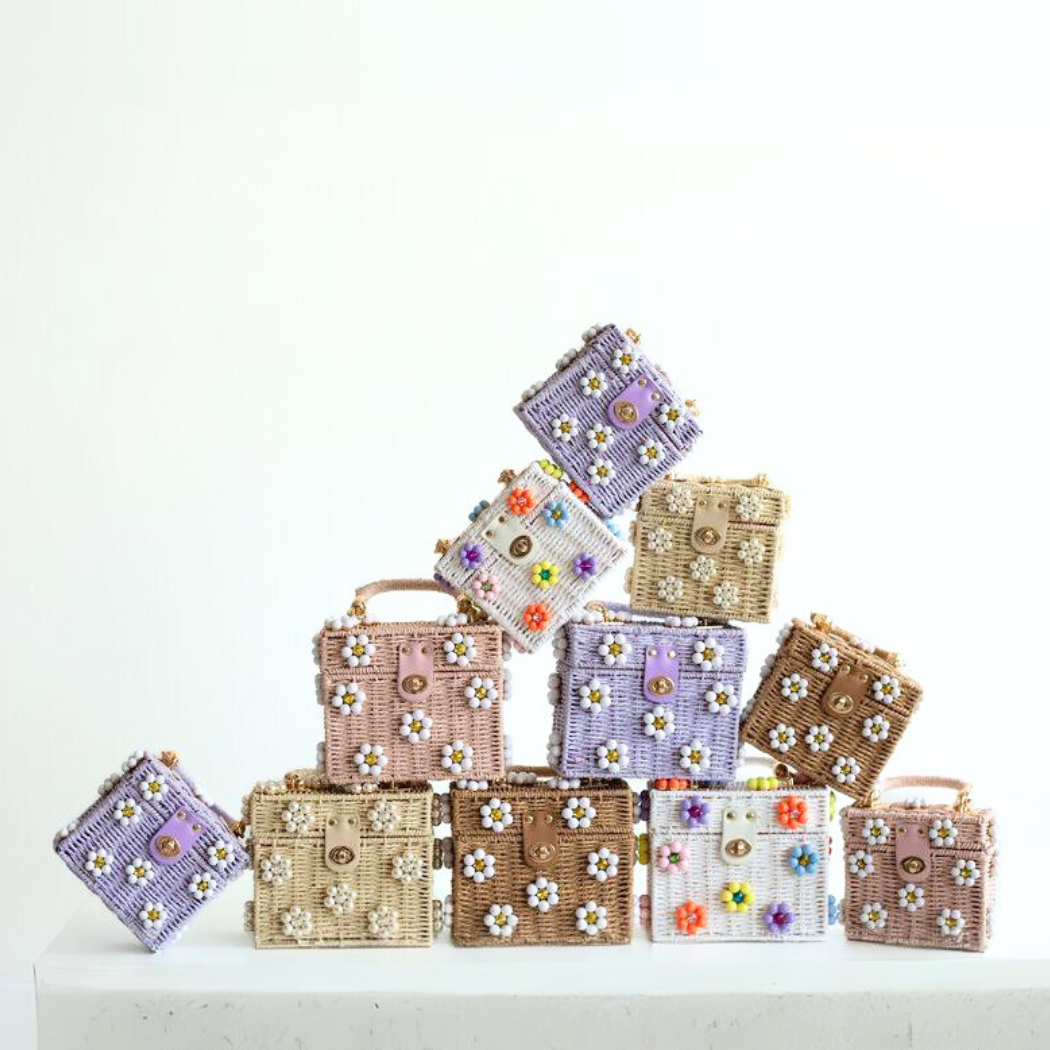 Wicker Bucket Daisy Flower Purse: Navy + White Daisy