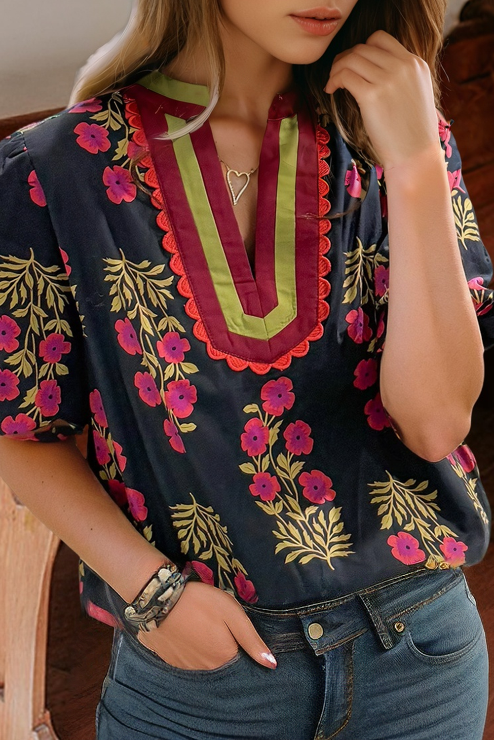 Floral Short Bubble Sleeve Contrast Top