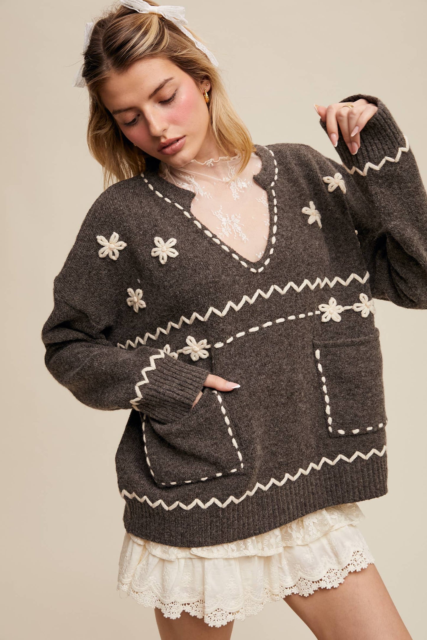 Floral Embroidered Knit Sweater