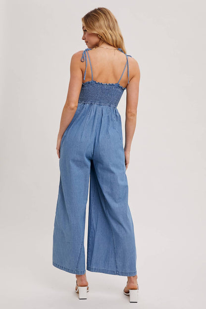 Denim Smocked Jumpsuit