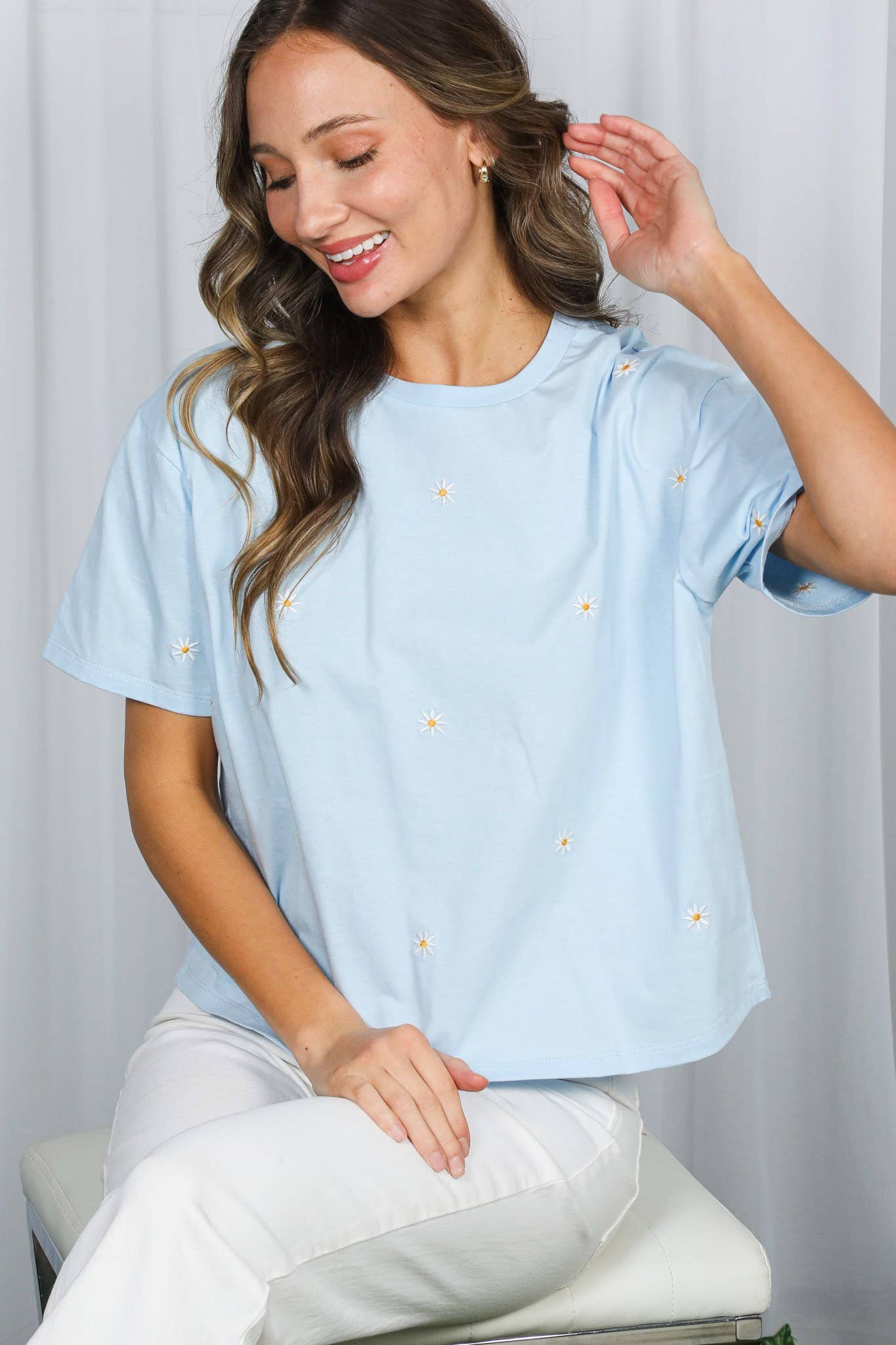 Floral Embroidered Crew Neck Tee