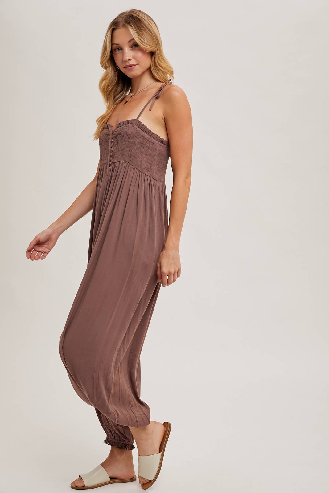 Gauze Smocked Button Front Jumpsuit