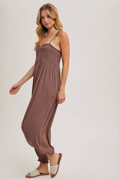 Gauze Smocked Button Front Jumpsuit