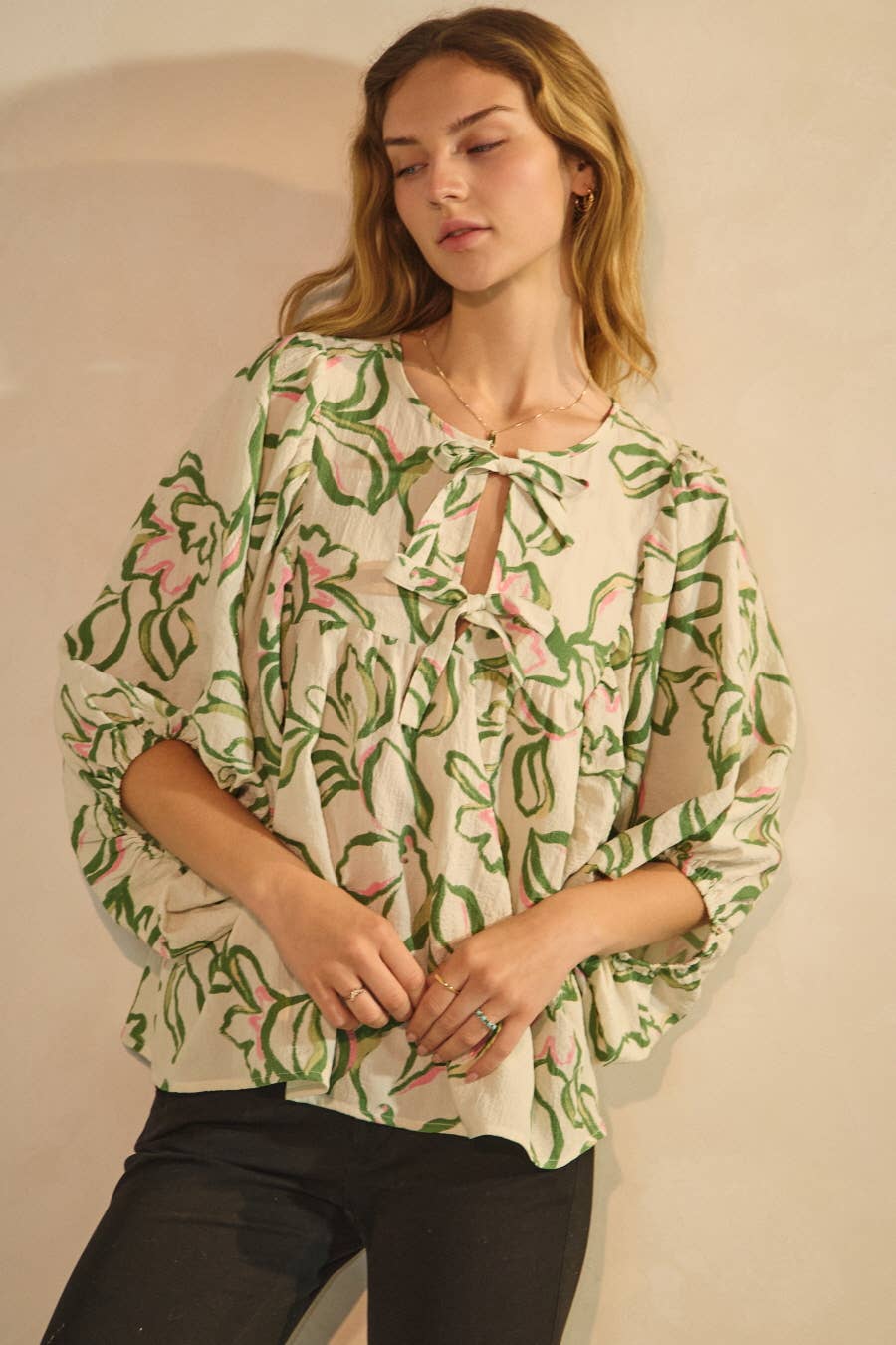 Tie Front Textured Floral Printed Blouse