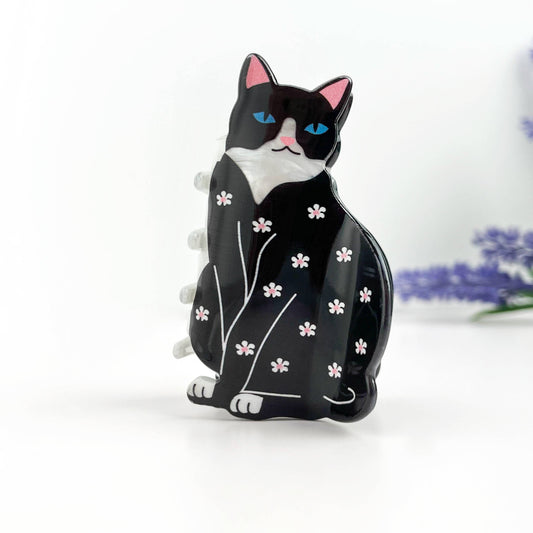 Whimsical Floral Tuxedo Cat Claw Clip