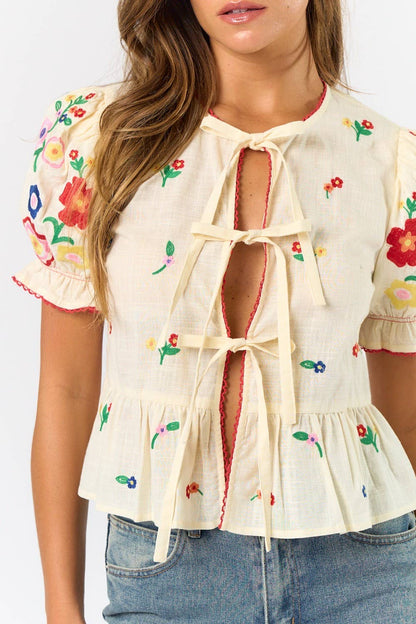 Tie Front Embroidered Short Sleeve