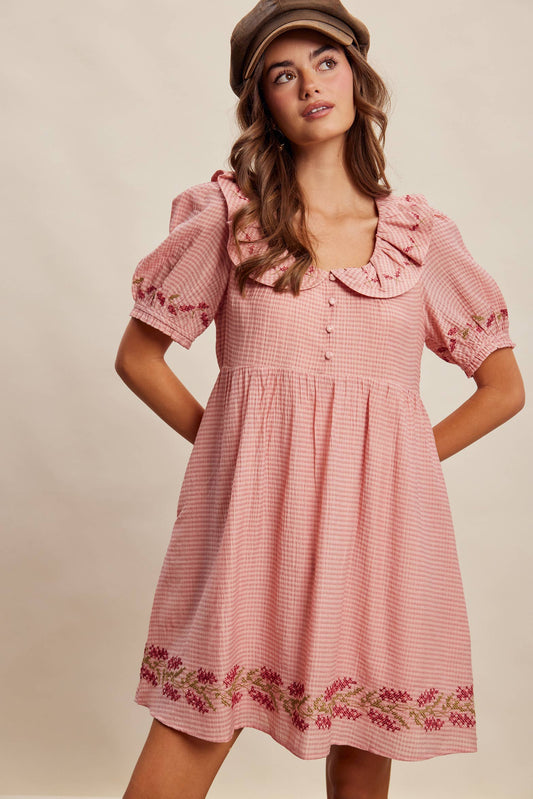Embroidered Ruffle Collar Textured Gingham Dress