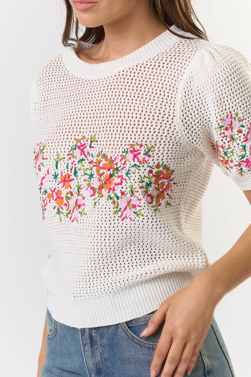 Short Puff Sleeve Embroidered Floral Crochet Top