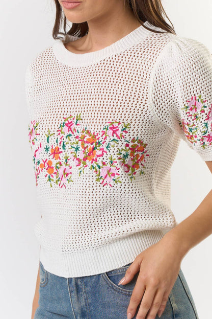 Short Puff Sleeve Embroidered Floral Crochet Top