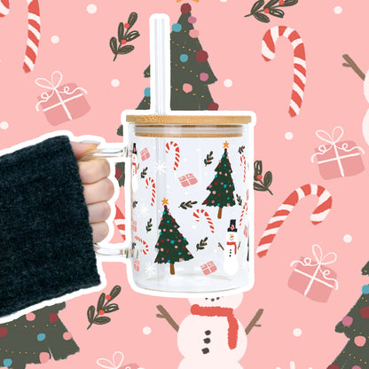 Jolly Little Christmas Clear Glass Mug with Lid & Straw