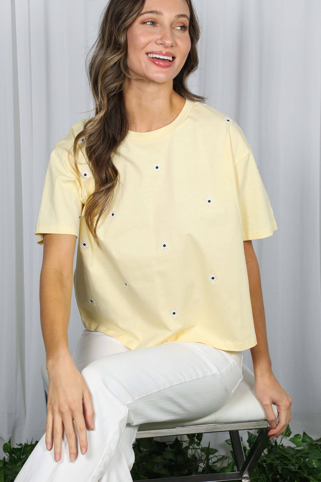 Floral Embroidered Crew Neck Tee