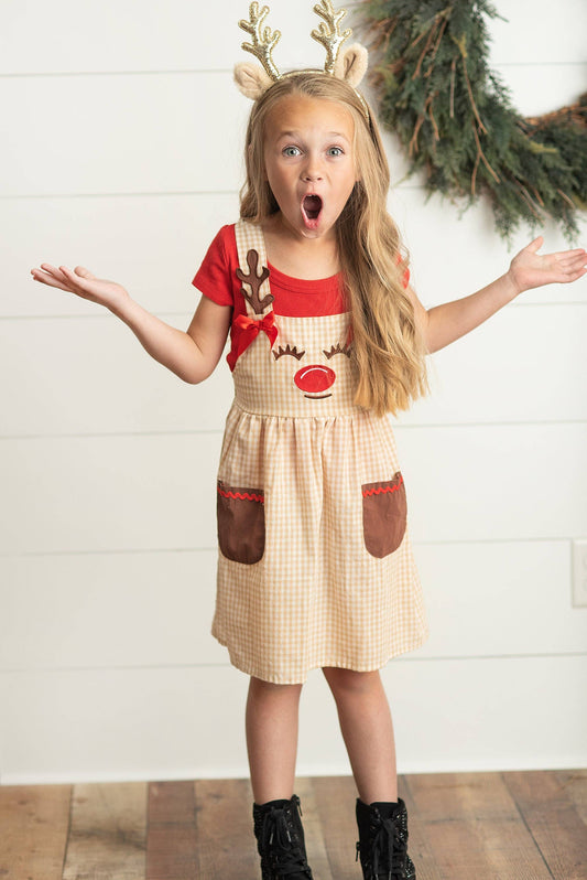 Kids Embroidered Reindeer Jumper Pinafore