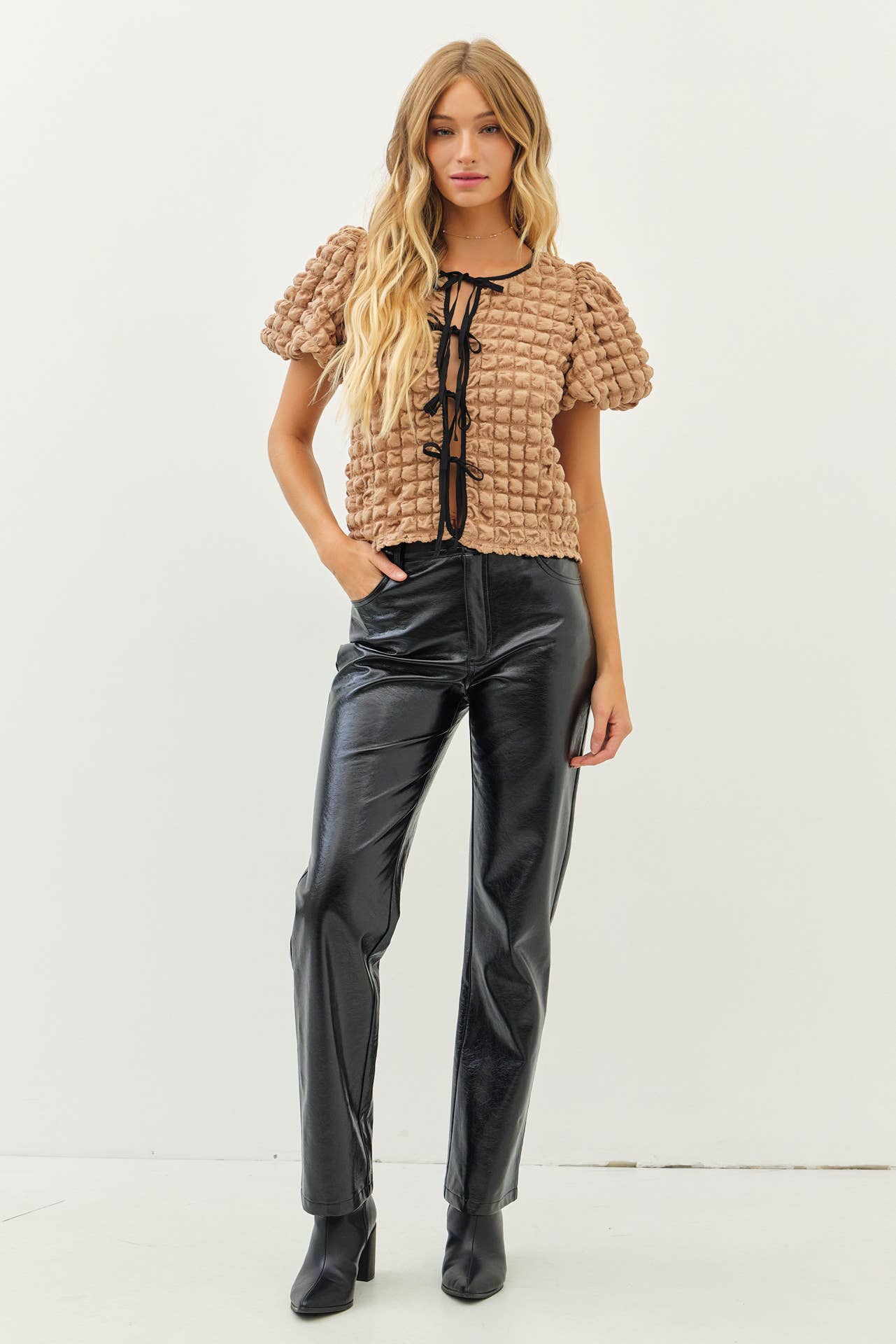 Bubble Textured Top With Contrast Front Tie