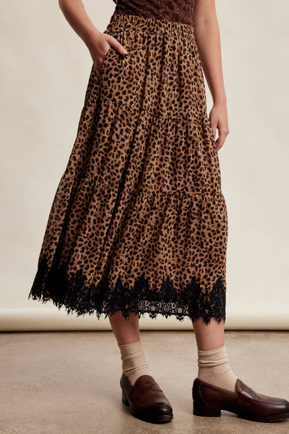 Leopard Lace Trim Tiered Maxi Skirt