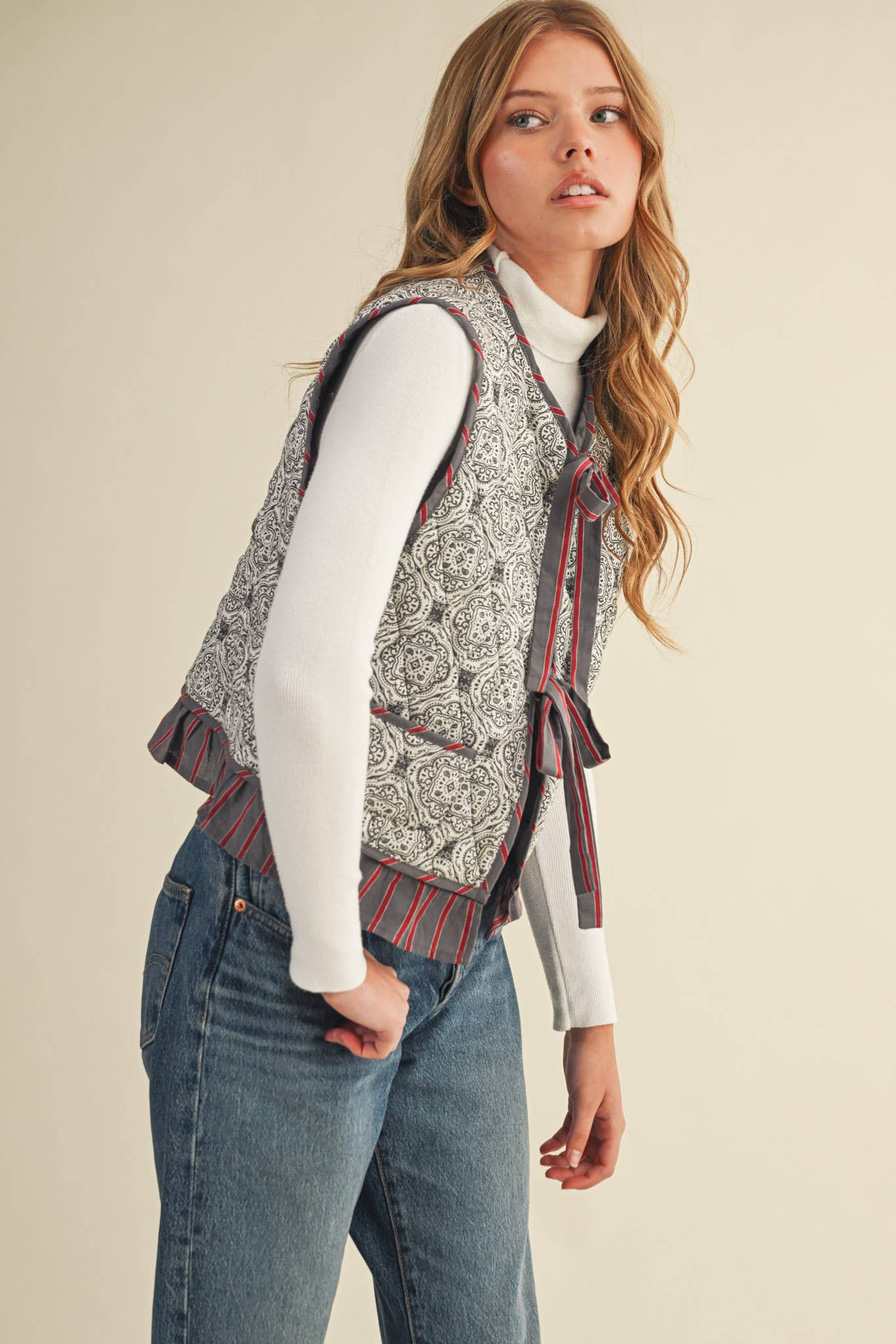 Quilted Block Print Ruffle Vest