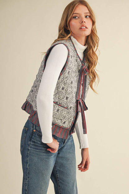 Quilted Block Print Ruffle Vest