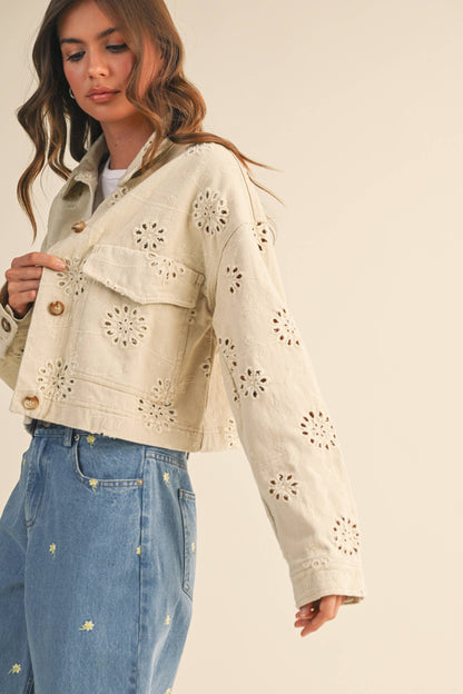 Eyelet Twill Cropped Trucker Jacket