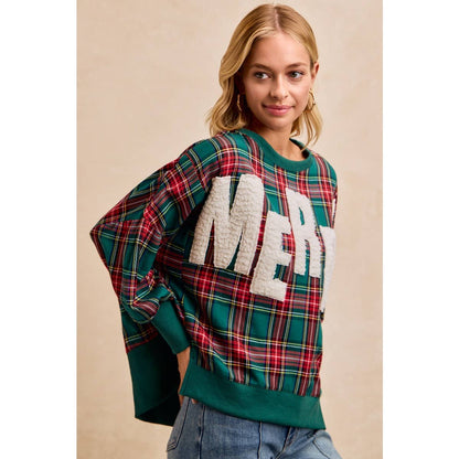 Merry Letter Patches Plaid Sweatshirt