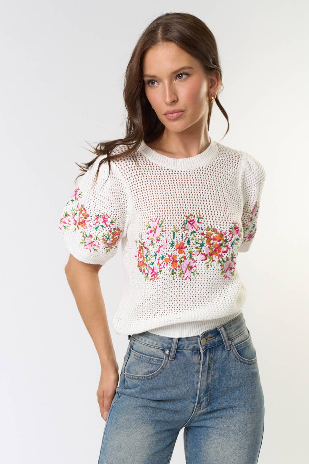 Short Puff Sleeve Embroidered Floral Crochet Top