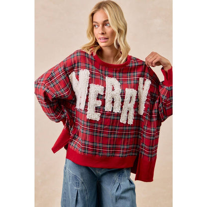 Merry Letter Patches Plaid Sweatshirt