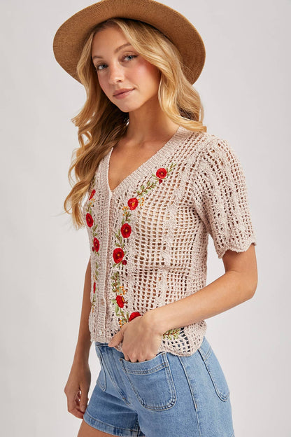 Floral Embroidered Crochet Cardigan