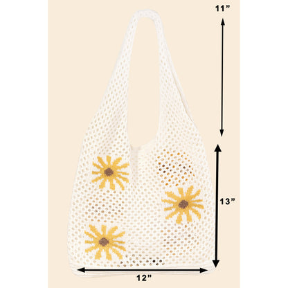 Floral Crochet Knit Tote Bag