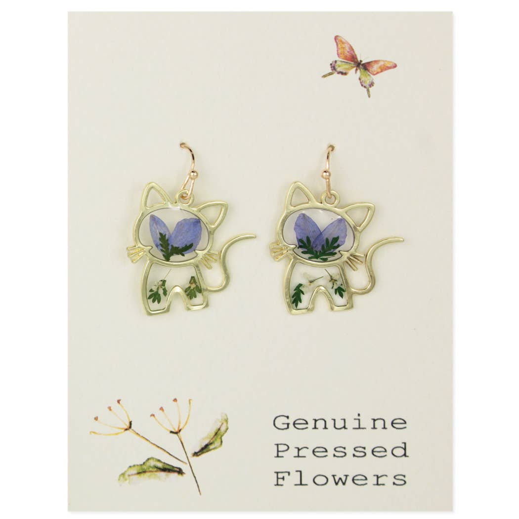Curious Kitty Gold Blue Dried Flower Earrings