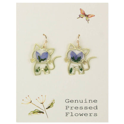 Curious Kitty Gold Blue Dried Flower Earrings