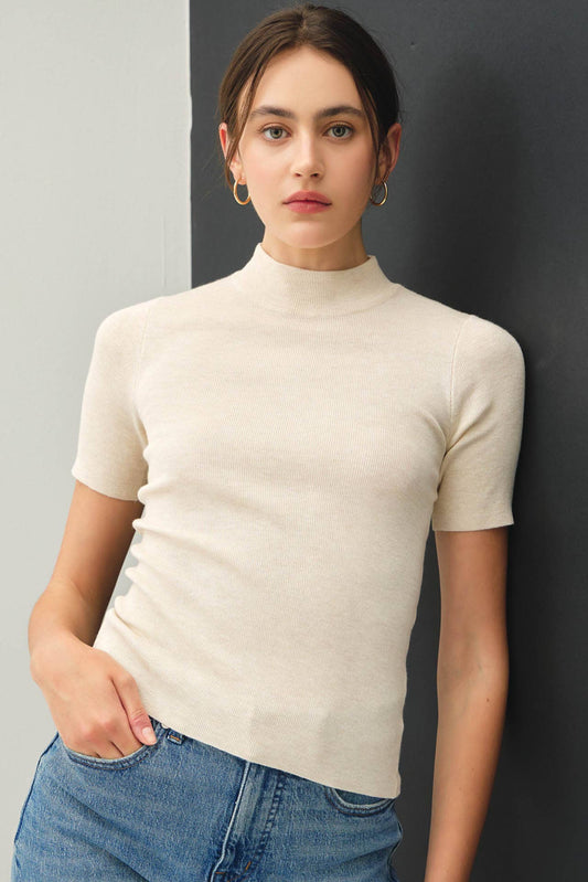 Ribbed Short Sleeve Mock Neck Sweater