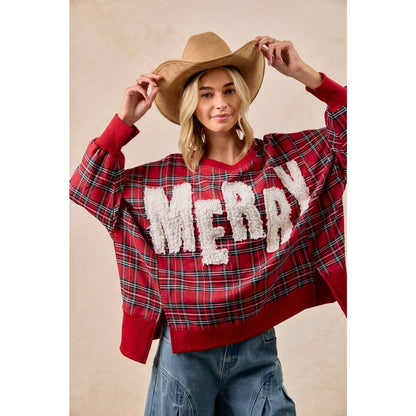 Merry Letter Patches Plaid Sweatshirt