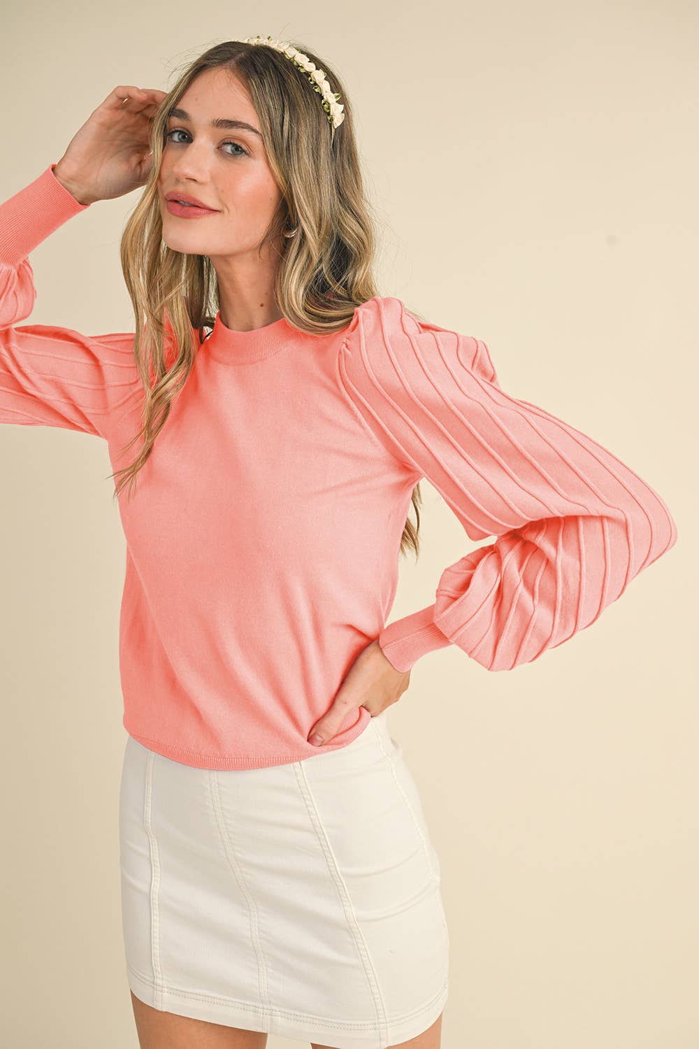 Striped Texture Puff Sleeve Sweater
