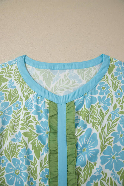 Contrast Flutter Sleeve Floral Peplum Blouse