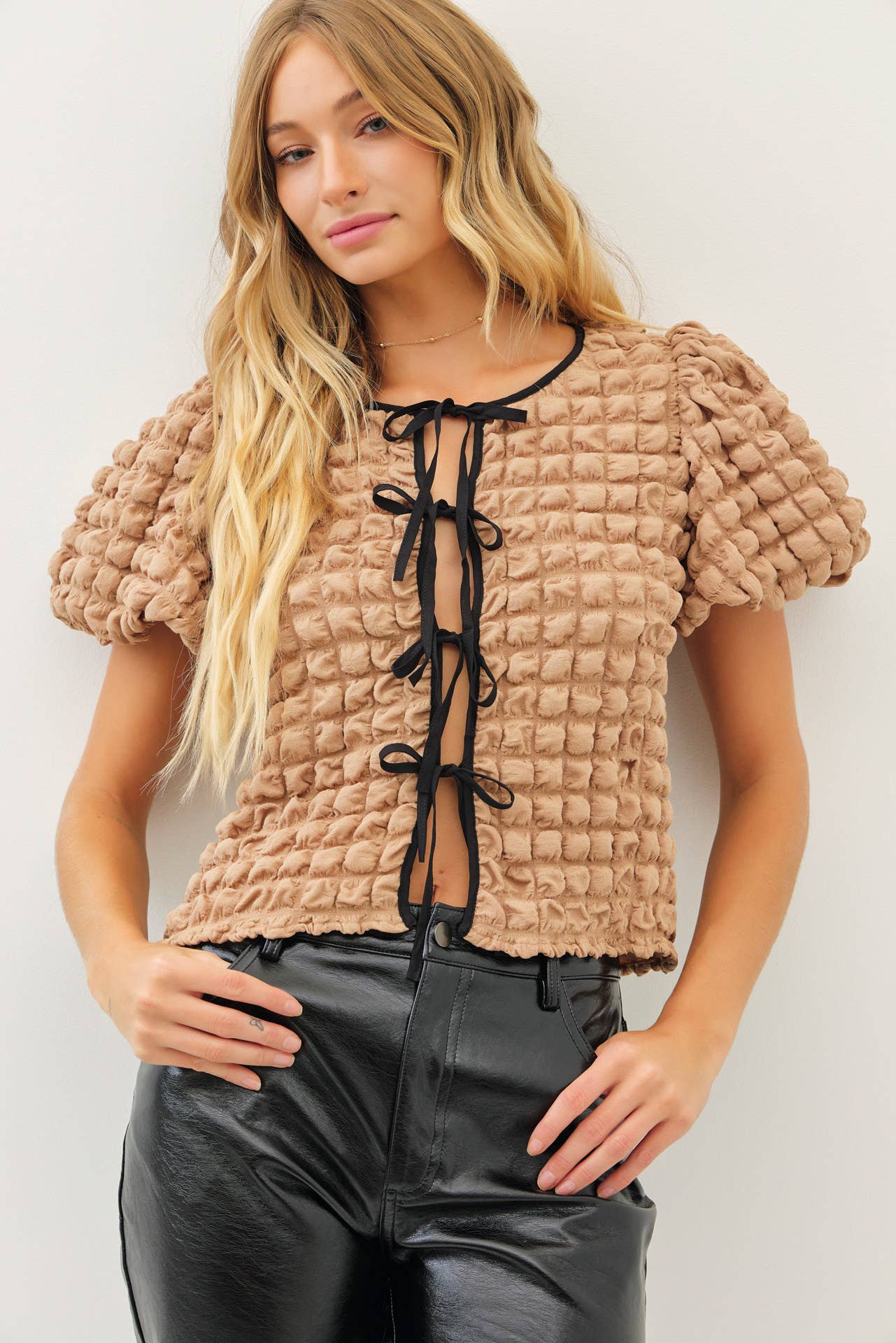 Bubble Textured Top With Contrast Front Tie