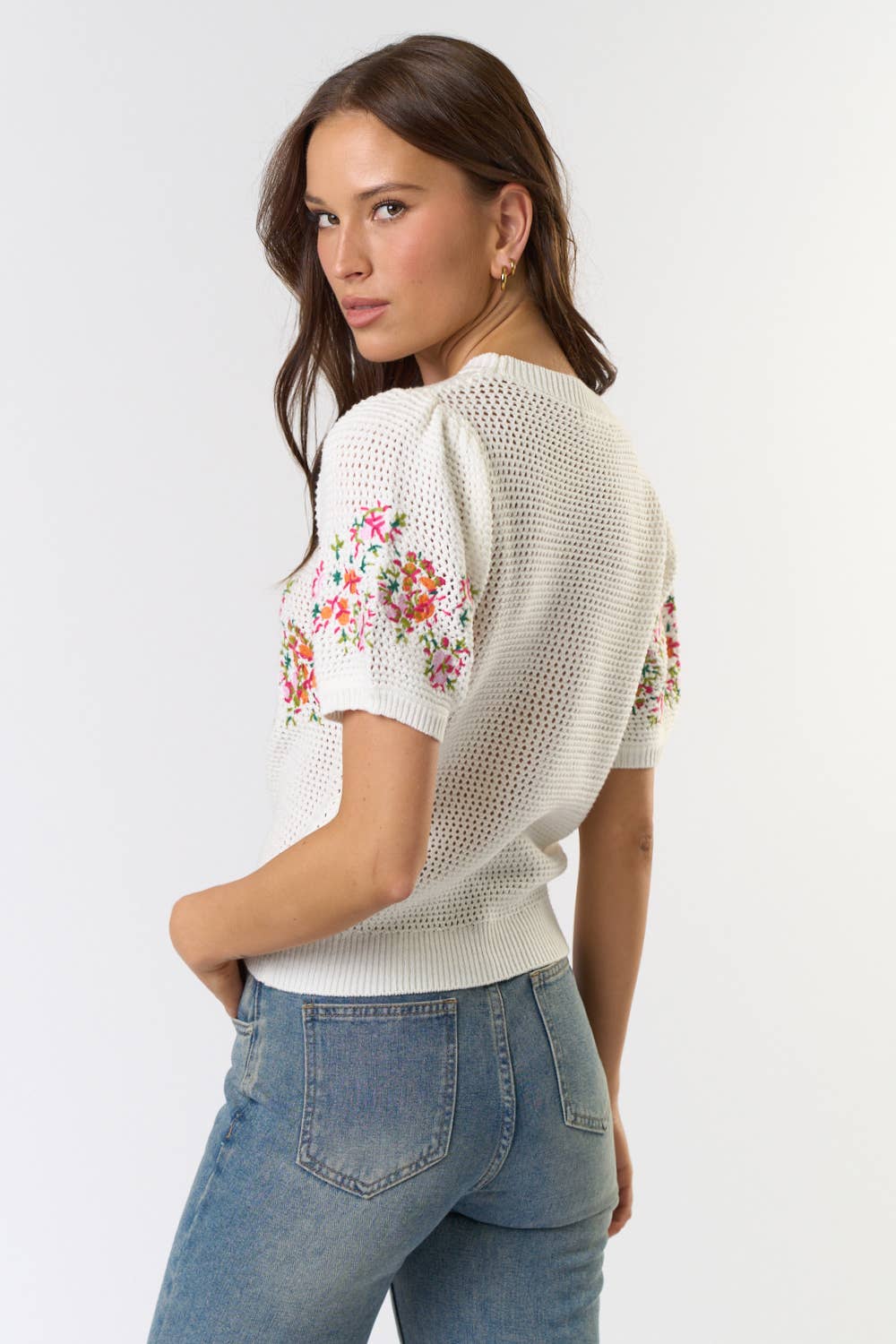 Short Puff Sleeve Embroidered Floral Crochet Top