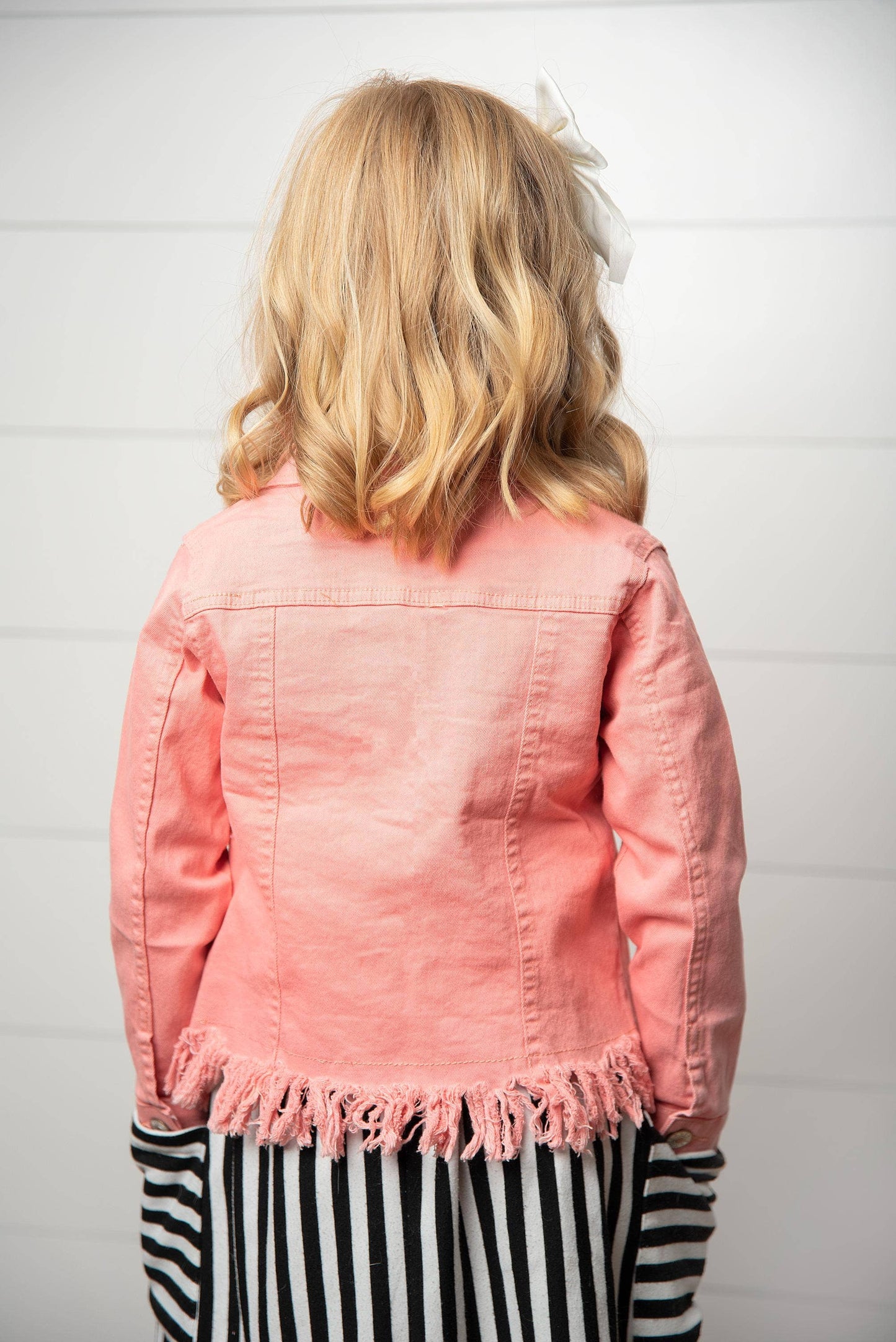 Kids Pink Denim Fringe Fall Winter Button Long Sleeve Jacket