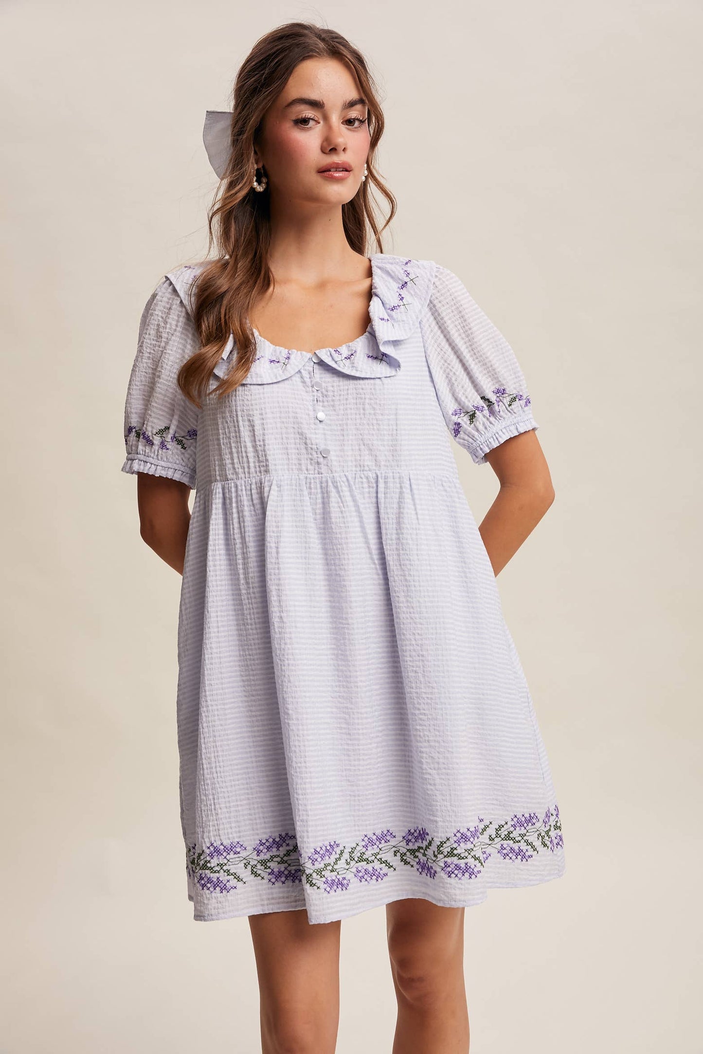 Embroidered Ruffle Collar Textured Gingham Dress