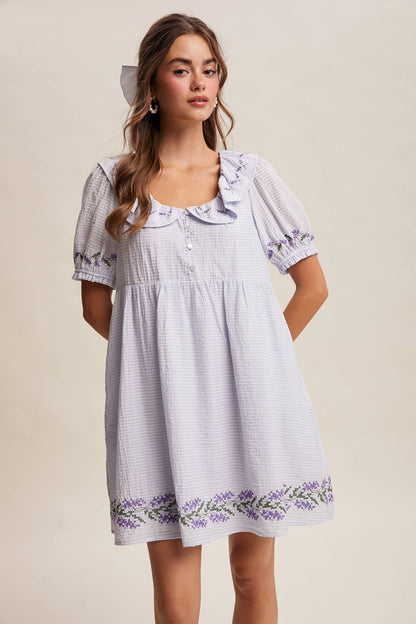 Embroidered Ruffle Collar Textured Gingham Dress
